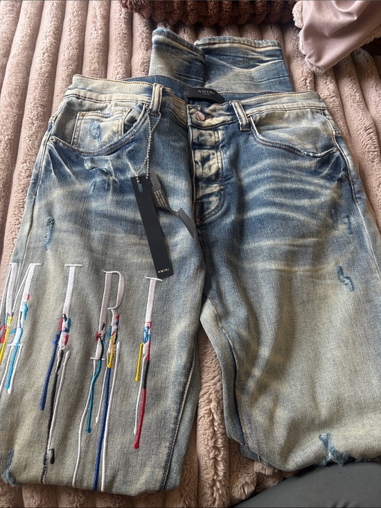 AMIRI Other - AMIRI Light Blue Washed Distressed Jeans with Multicolor Embroidery